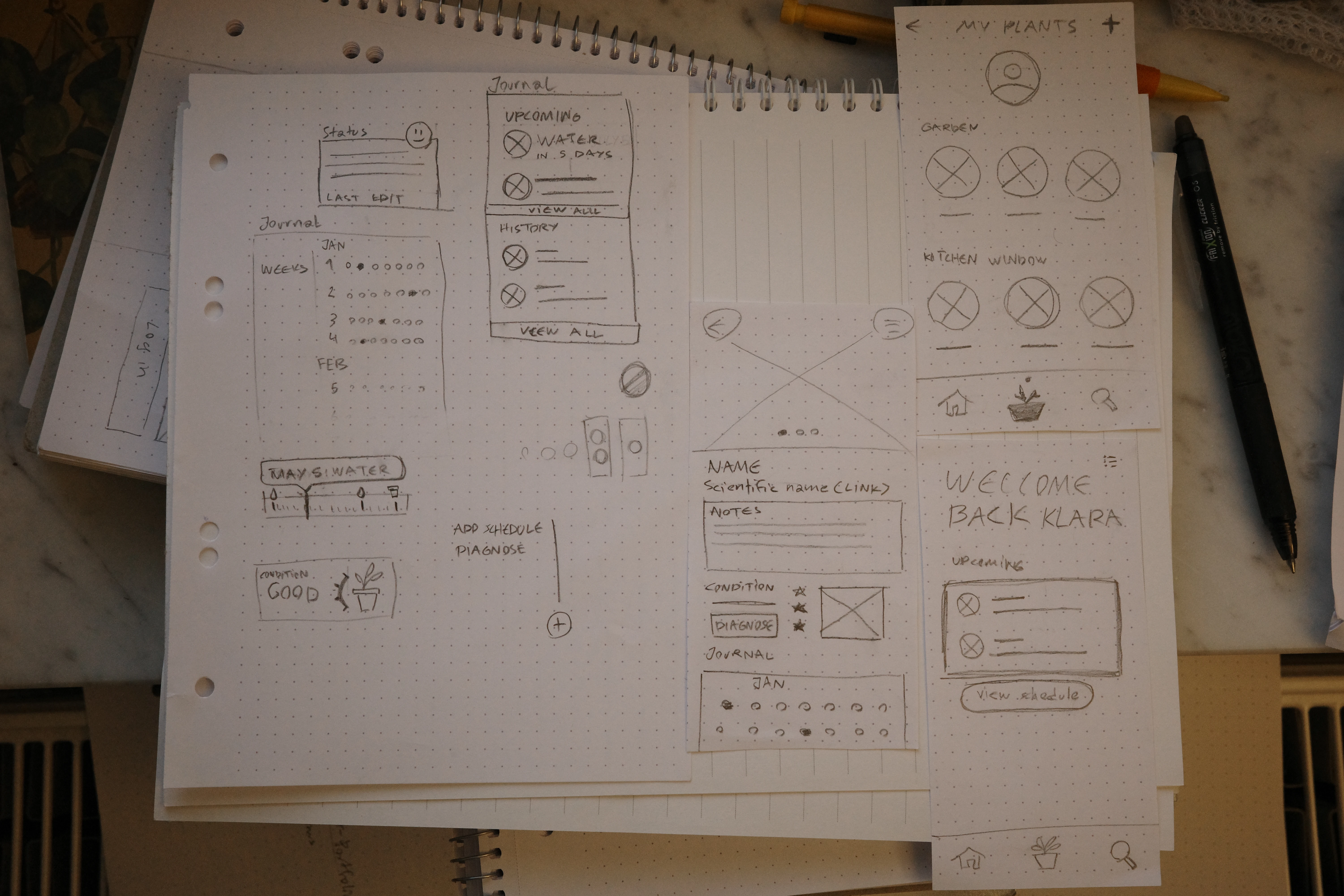 Paper wireframe explorations of pages and components